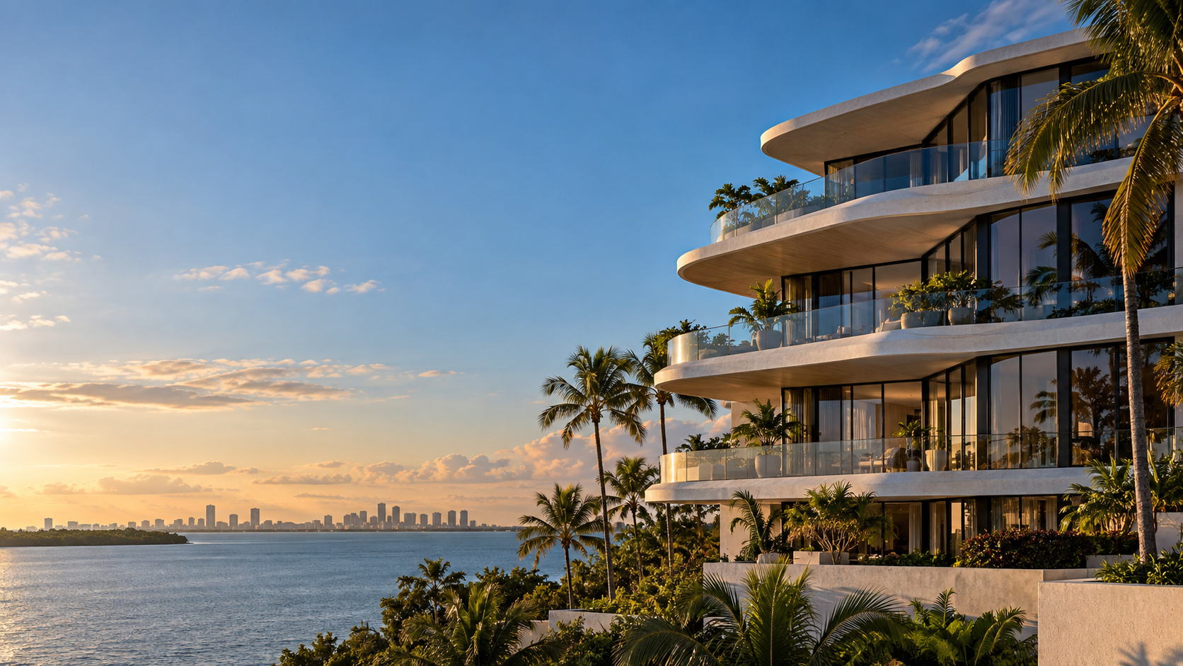 Architectural concept of a sculptural coastal condominium with white concrete balconies